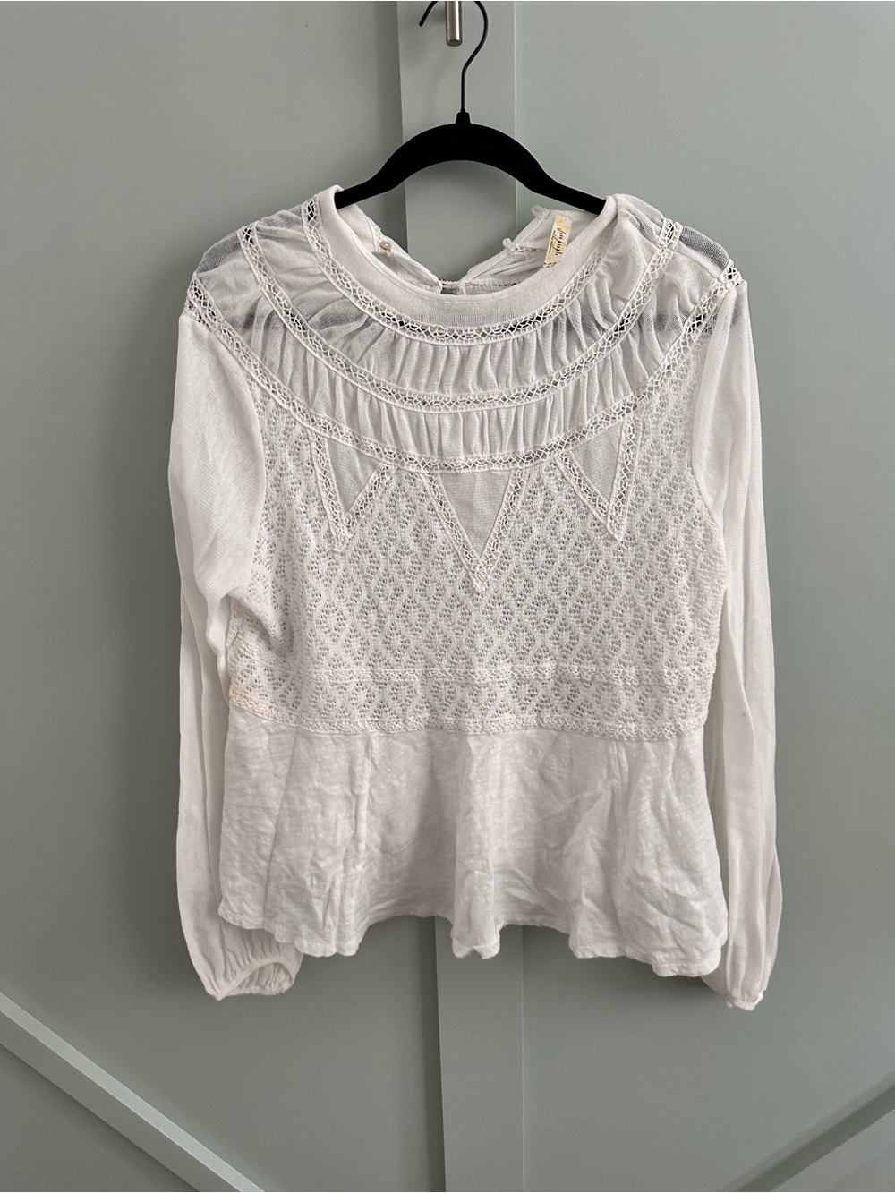 Free People White Crochet Lace Sheer Mesh Boho Top Size L